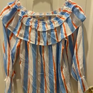 Off the shoulder top in Blue White and Orange Stripes Size Medium